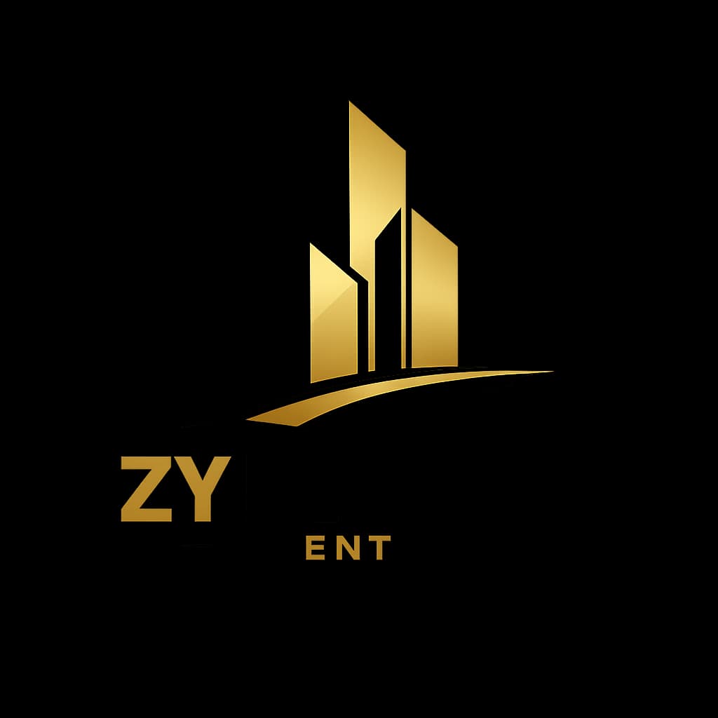 Modern real estate logo for Zy Legacy ENT with angular skyscrapers, black and gold text, transparent background.
