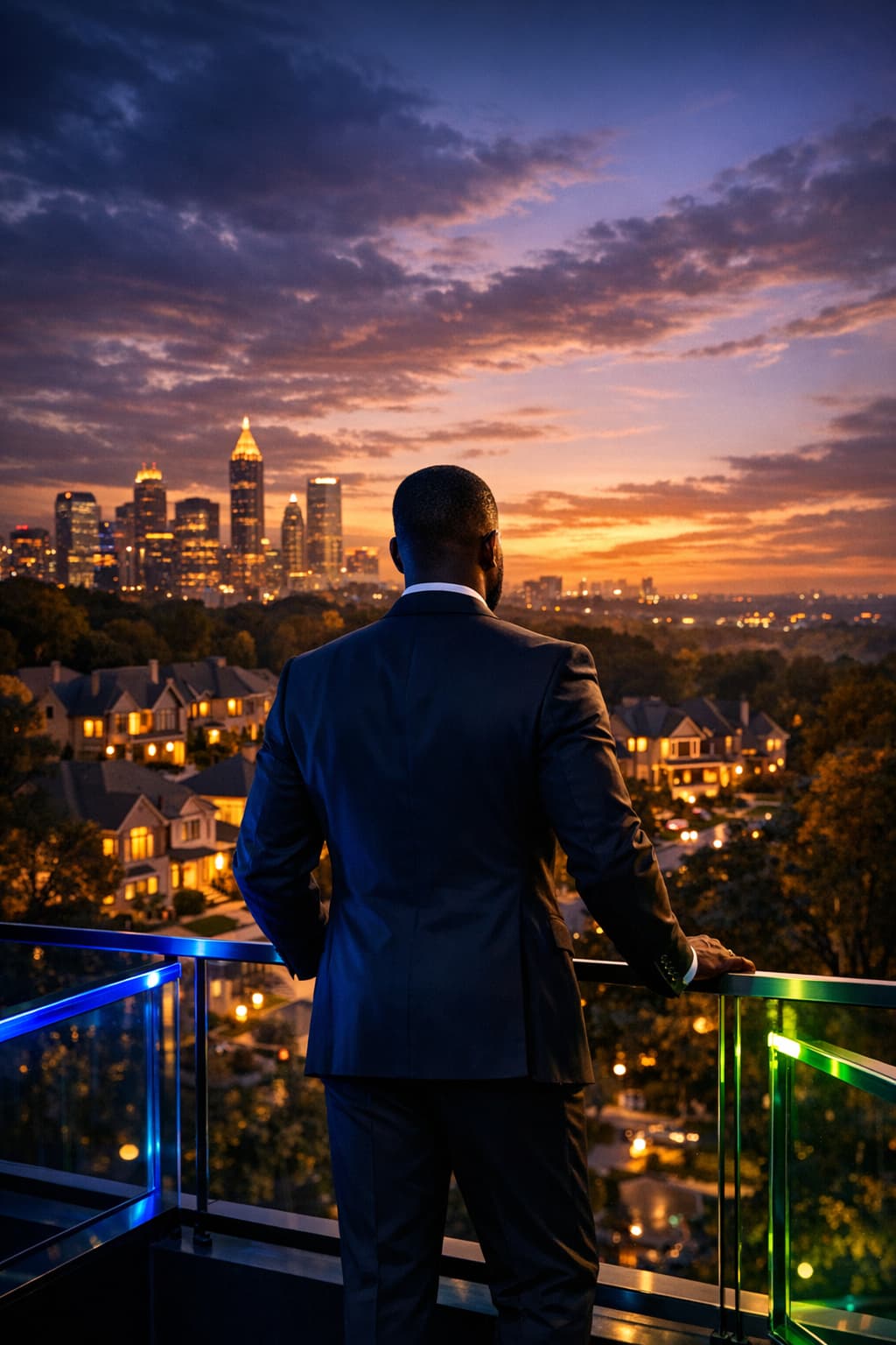 A man in a tailored navy suit stands on an Atlanta rooftop at golden hour, gazing over an upscale neighborhood — representing legacy, real estate ownership, and financial vision.