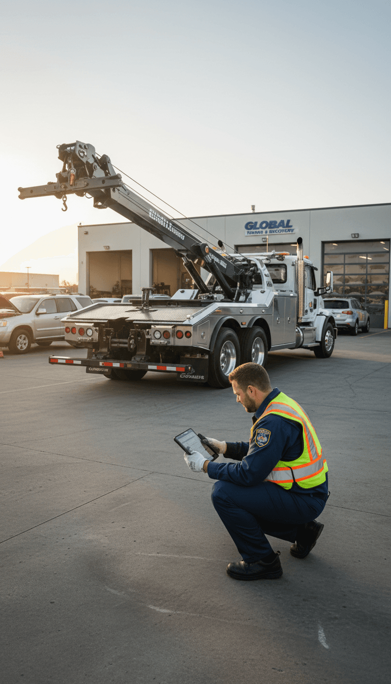 Tow truck driver performing vehicle assessment