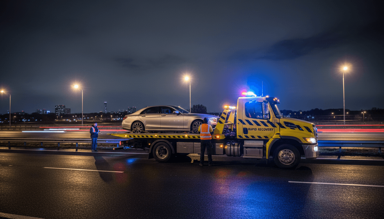 Professional tow truck with emergency lights responding to roadside assistance call