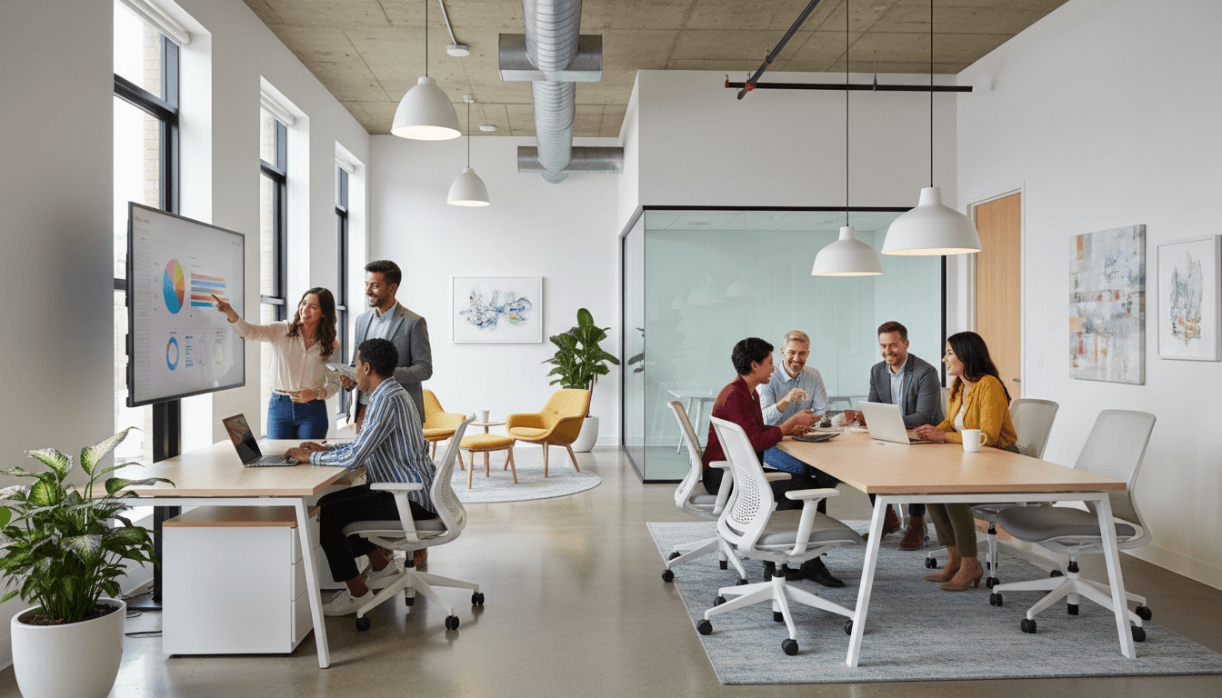 Diverse team of professionals working together in a modern, bright office with collaborative workspaces