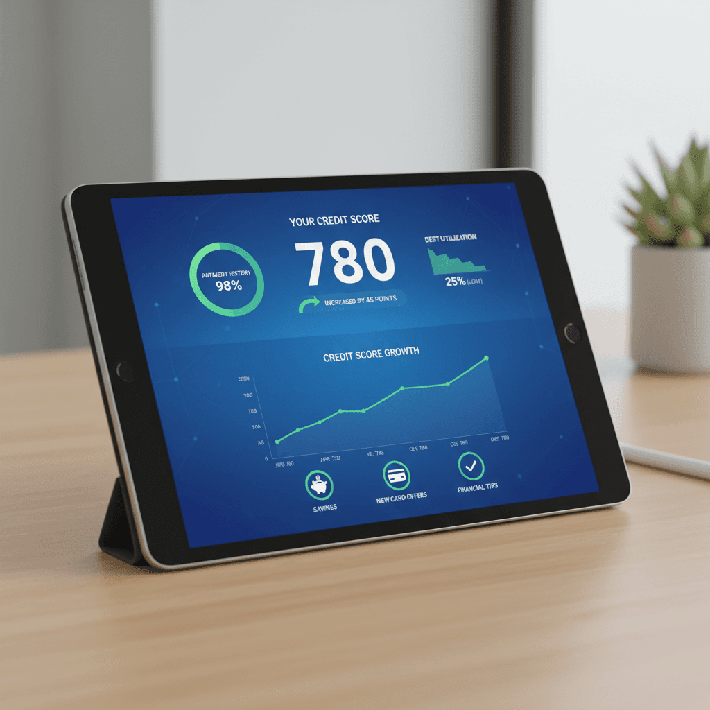 Credit calculator interface displaying credit score factors and improvement timeline