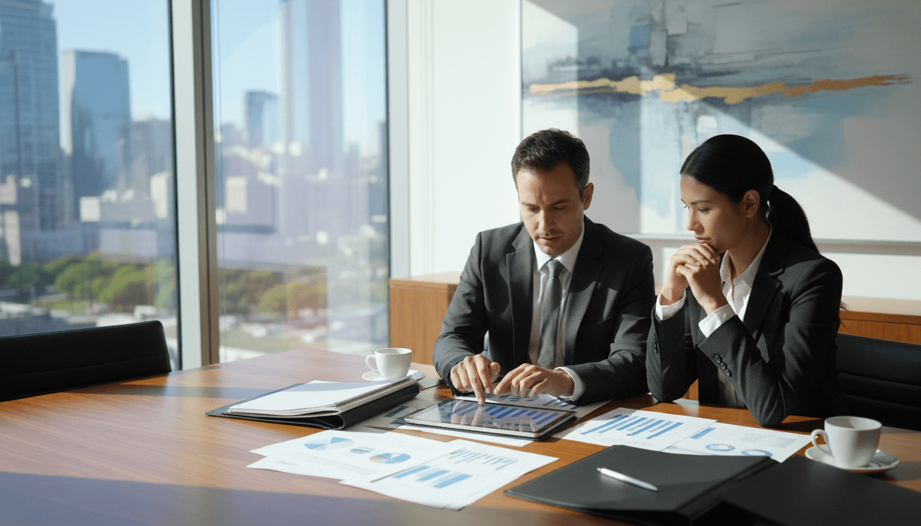 Real estate investors analyzing financial data on tablet