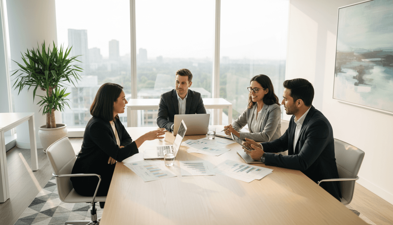 Professional team collaborating on real estate strategy