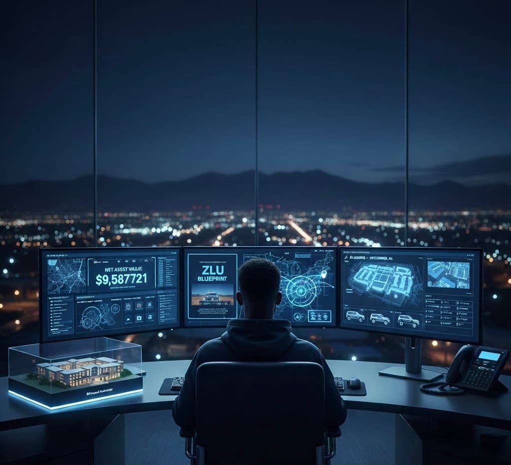 Person at a high-tech workstation with three monitors overlooking a city skyline at night.